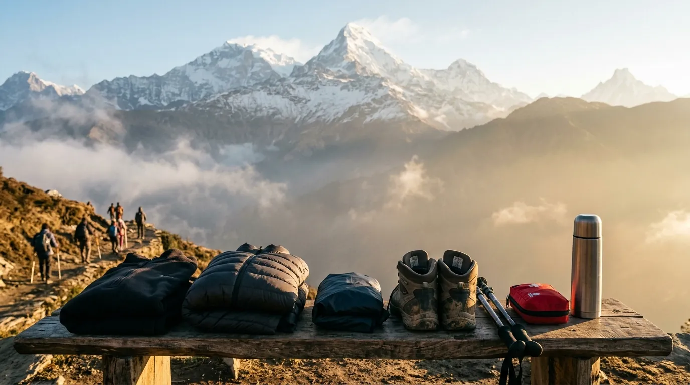THE CHAR DHAM PACKING LIST: LAYERS, MEDICINES, DOCUMENTS — FRONT VIEW / HERO — hero image, 16:9, first-hand photo preferred; if sourced, credit visibly
