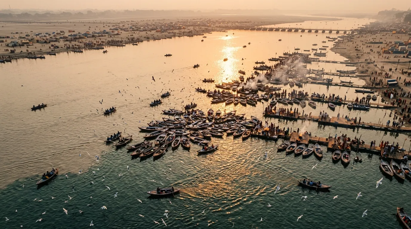 TRIVENI SANGAM: THE GUIDE TO PRAYAGRAJ'S CONFLUENCE — FRONT VIEW / HERO — hero image, 16:9, first-hand photo preferred; if sourced, credit visibly
